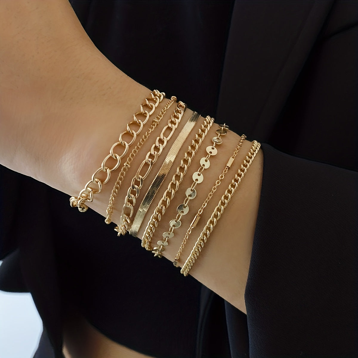 Complete Your Look with our 8 Piece Geometric Chain Bracelet Set - Adjustable Alloy Metal Jewelry Accessories