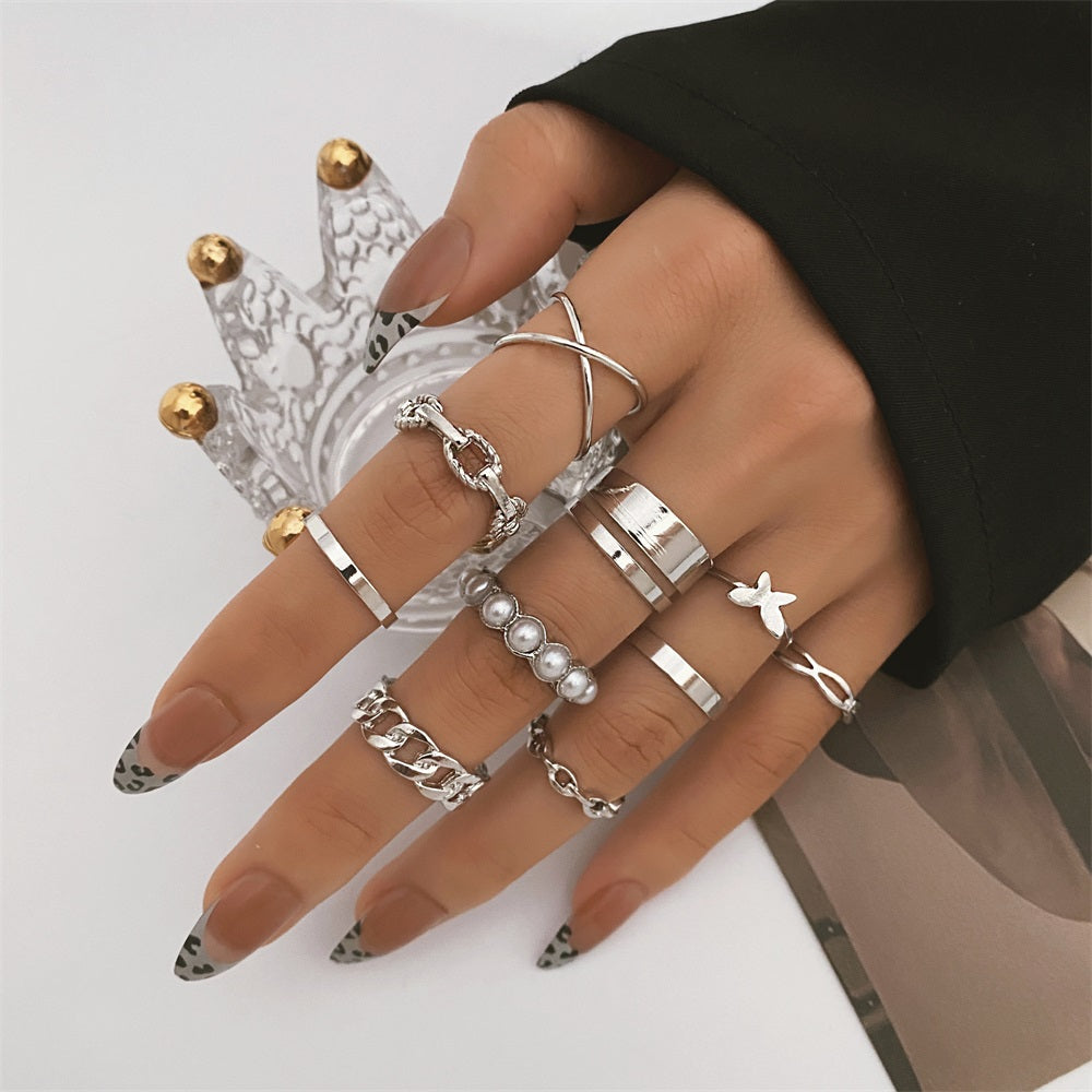 10 Pcs Rings Butterfly Faux Pearl Metal Geometric Chain Rings