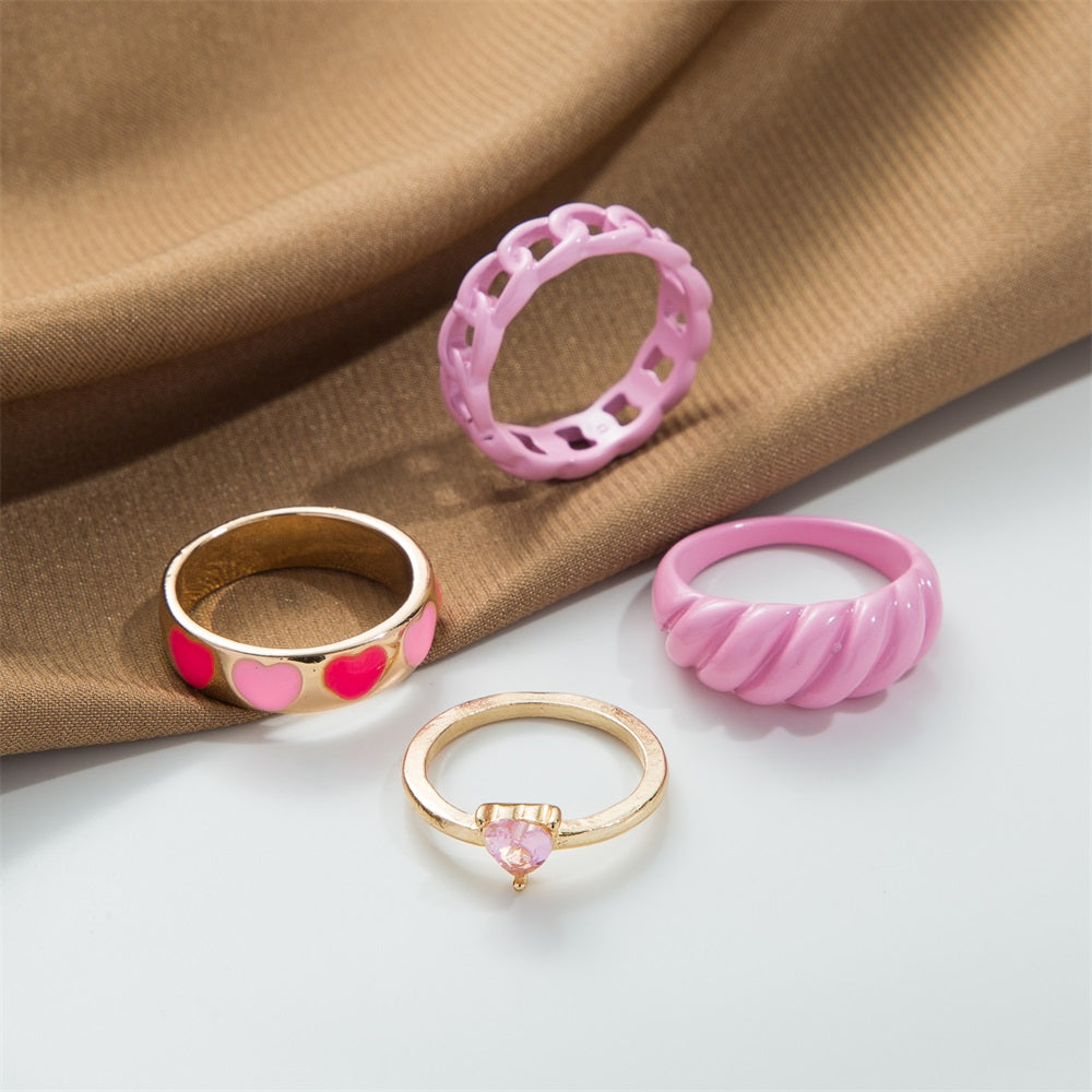 Pink Heart Rhinestone Ring 4pack