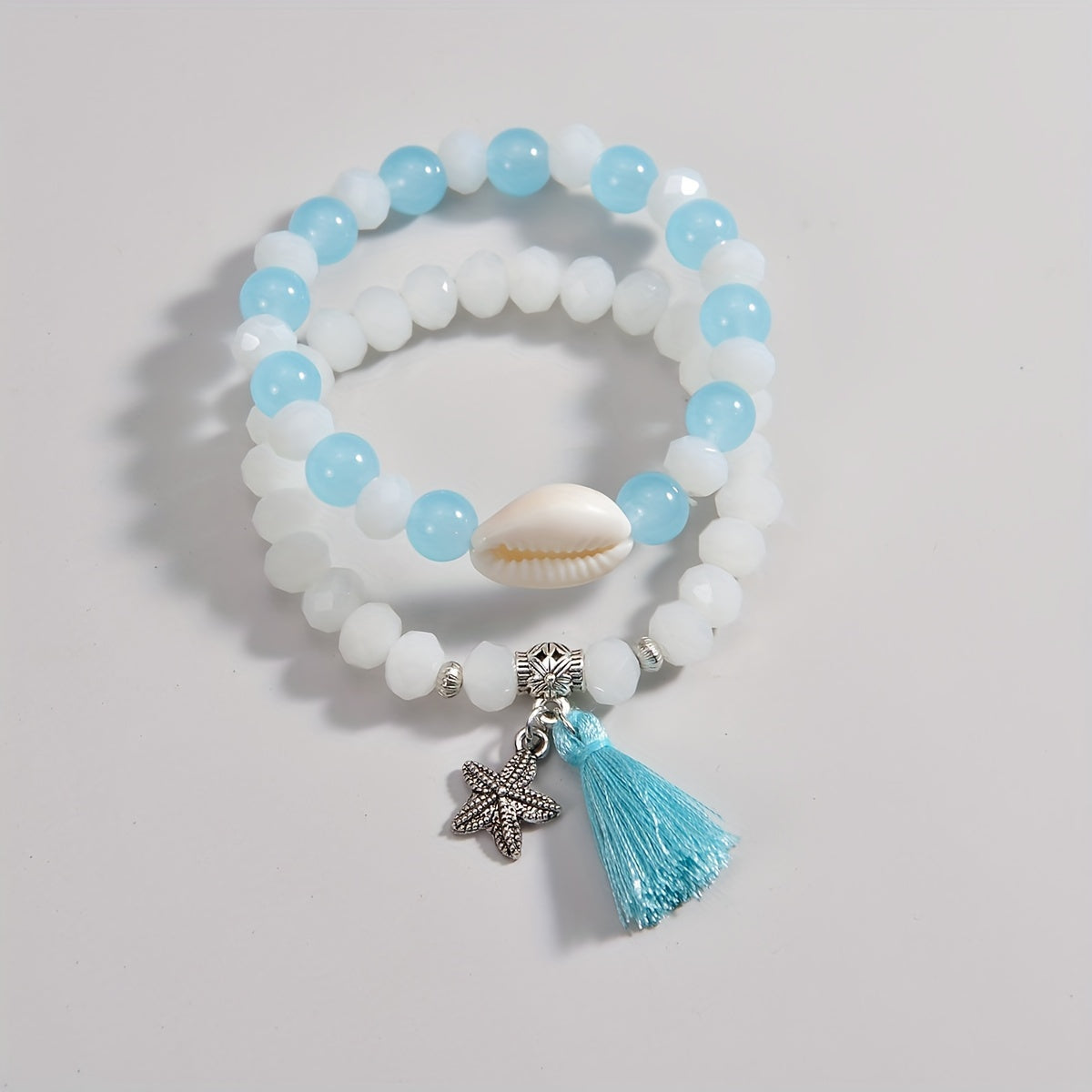 2pcs Glass Beads Tassel Alloy Starfish Pendant Ladies Bracelet Set Summer Beach Decor Vacation Ornament