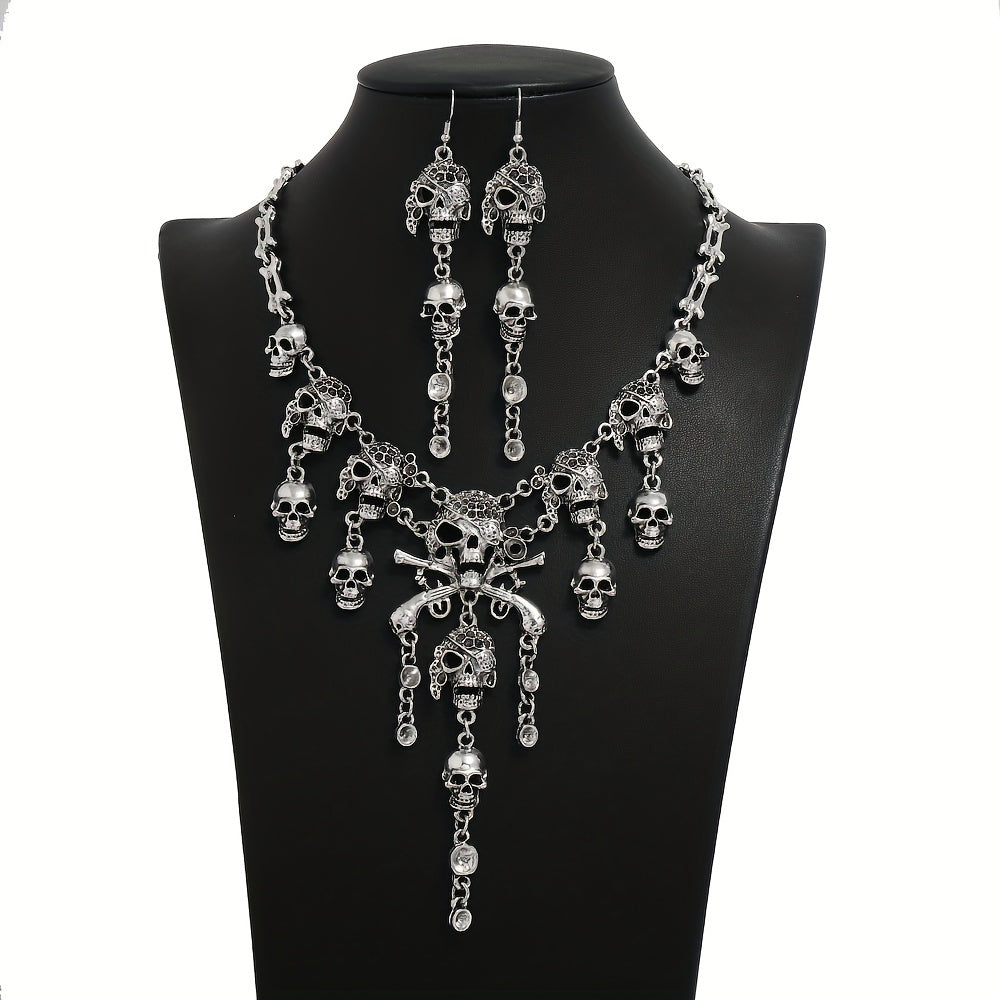 3pcs Earrings Plus Necklace Gothic Style Jewelry Set Vintage Skull Pendant Evening Party Decor Perfect Halloween Accessories For Female