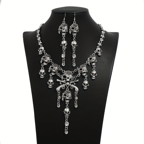 3pcs Earrings Plus Necklace Gothic Style Jewelry Set Vintage Skull Pendant Evening Party Decor Perfect Halloween Accessories For Female