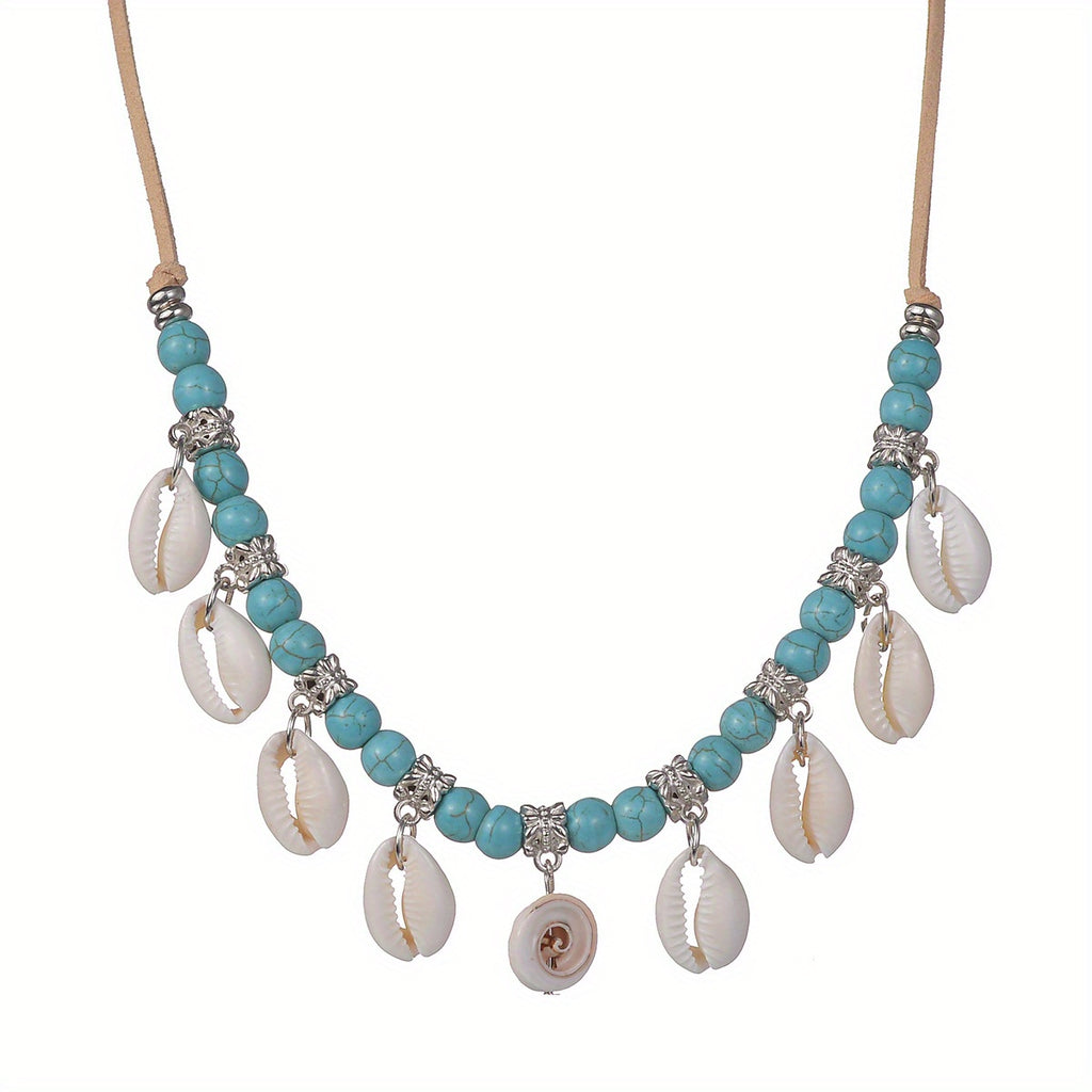 Bohemian Natural Shell Tassel Turquoise Beads Velvet Rope Women's Necklace