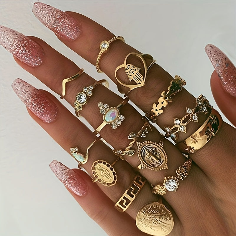 Boho Golden Ring Set Inlaid Rhinestones Stackable Jewelry For Female Trendy Patterns Crown Flower Perfect Decor For Party