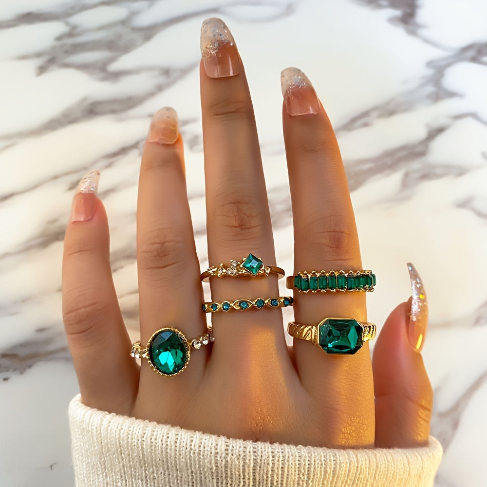 Get Ready to Dazzle with this Exquisite 5pcs Green Rhinestone Geometric Round Joint Ring Set - Perfect Gift for Her