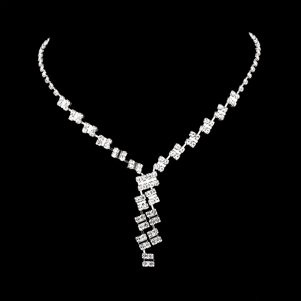 Elegant Square Rhinestone Jewelry Set with Tassel Pendant Necklace and Dangle Earrings for Women - Perfect for Formal Occasions and Everyday Wear