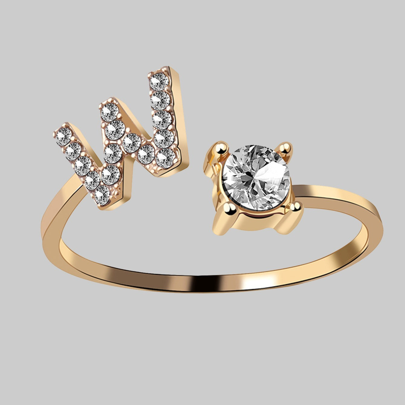 Shine Bright with Our Golden Zircon and Rhinestone Studded 26 Letters Open Adjustable Ring - Perfect Gift for Women