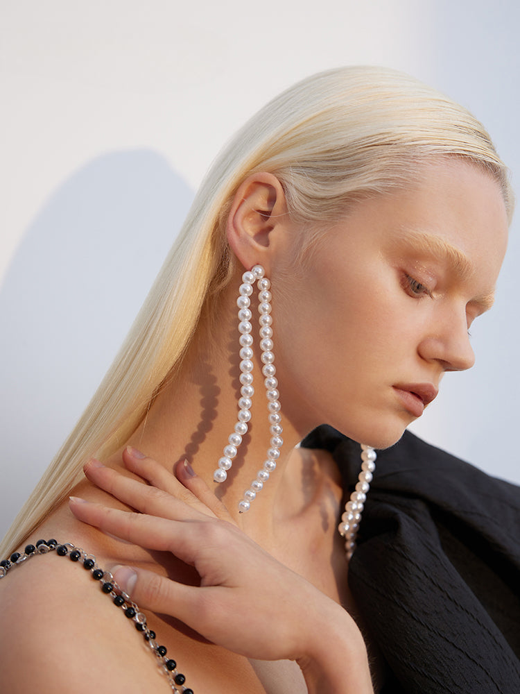 FN Faux Pearl Long Drop Slim Earrings LOJS122