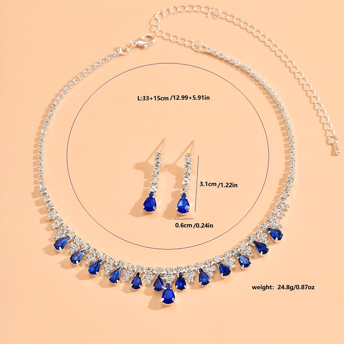 3 colors Elegant Rhinestone Wedding Jewelry Set - Silver Plated Necklace and Earrings with Royal Blue, Red, and White Stones
