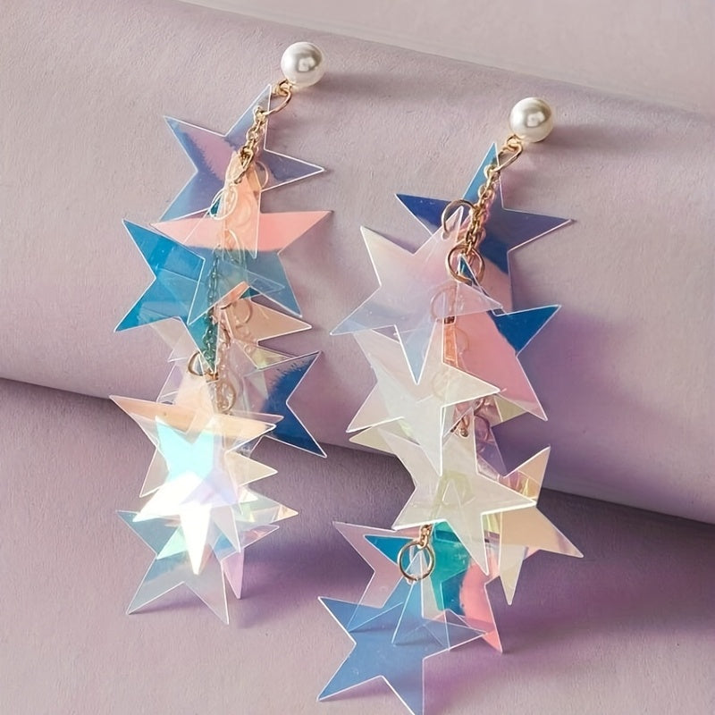 Pentagram Sequins Chain With Faux Pearl Decor Dangle Earrings Alloy Jewelry Creative Female Gift