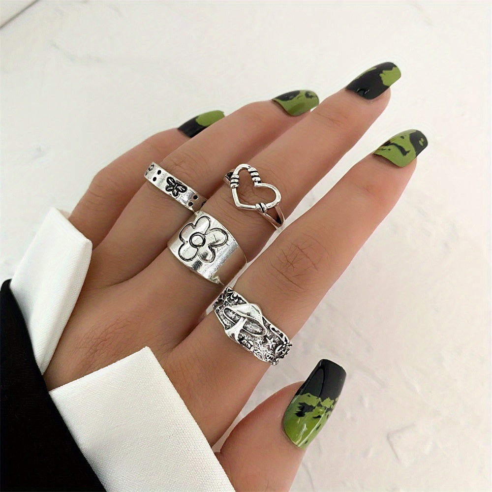 Complete Your Vintage Look with our 9-Piece Silver Wing Heart Star Letter Rhinestone Ring Set - Adjustable and Heart Shaped Jewelry for a Perfect Fit!