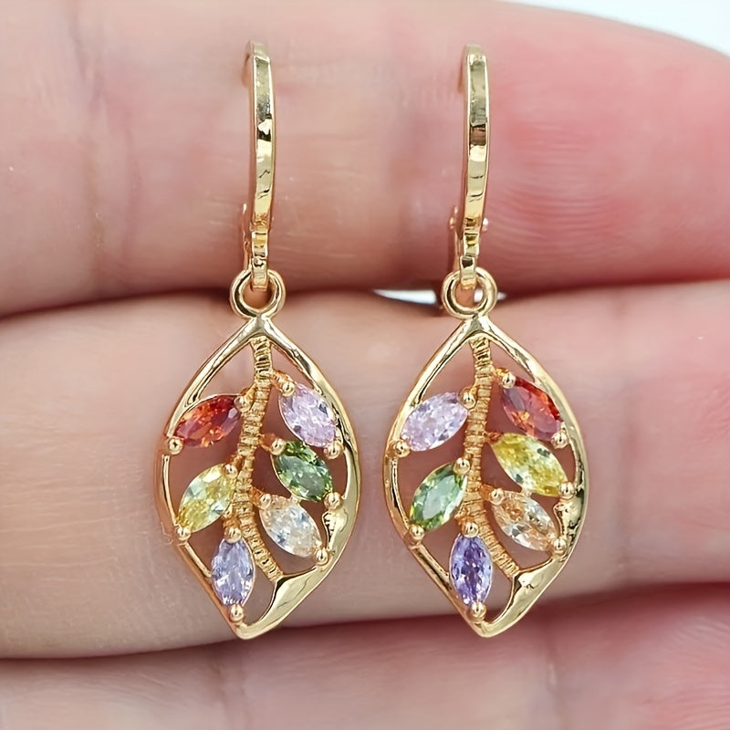 Add a Touch of Elegance to Your Office Look with These Multicolor Mystic Cubic Zirconia Leaf Dangle Earrings in 14K Gold Plating - Lightweight and Stylish Gift for Her