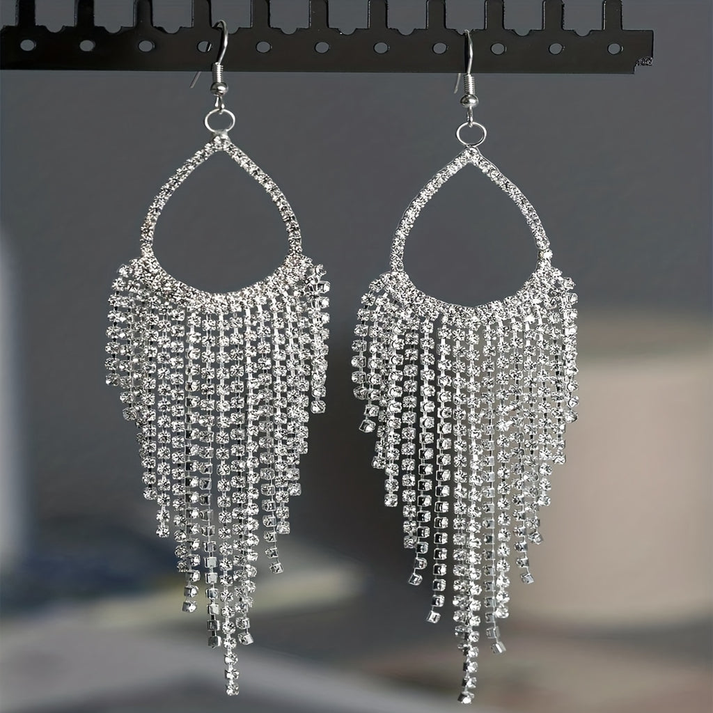Gorgeous Rhinestone Tassel Dangle Earrings - Boho Elegant Style Zinc Alloy Silver Plated Jewelry for Weddings