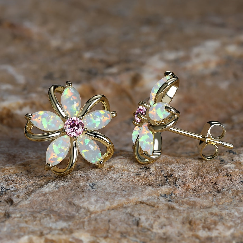 Flower Stud Earrings Inlaid Synthetic White Opal 18K Gold Plated Holiday Party Decor For Women Girls Gift 1Pair