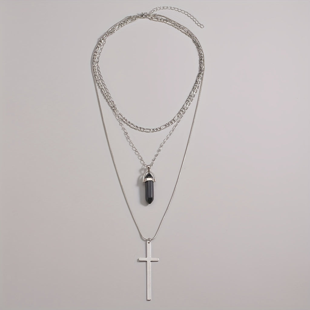 Punk Metal Style Alloy Cross Rhombus Gemstone Pendant Multilayer Stacking Necklace For Women
