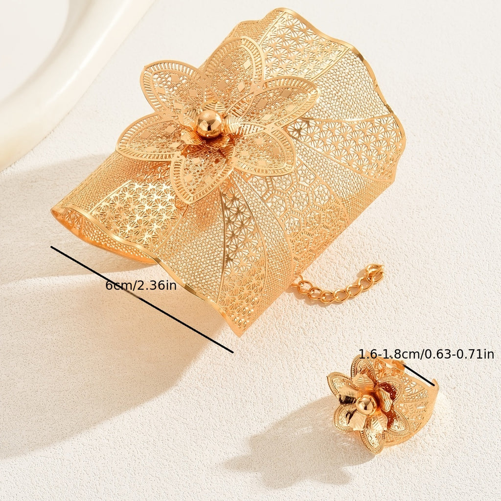 2pcs Bracelet Plus Ring Boho Style Jewelry Set 18k Gold Plated Hollow Flower Design Party Accessories Casual Dating Decor