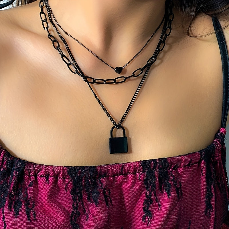 Punk-Style 1-Pc Three-Layer Chain Necklace with Heart & Lock Pendant - Adjustable for Clavicle - Black Leather Cord