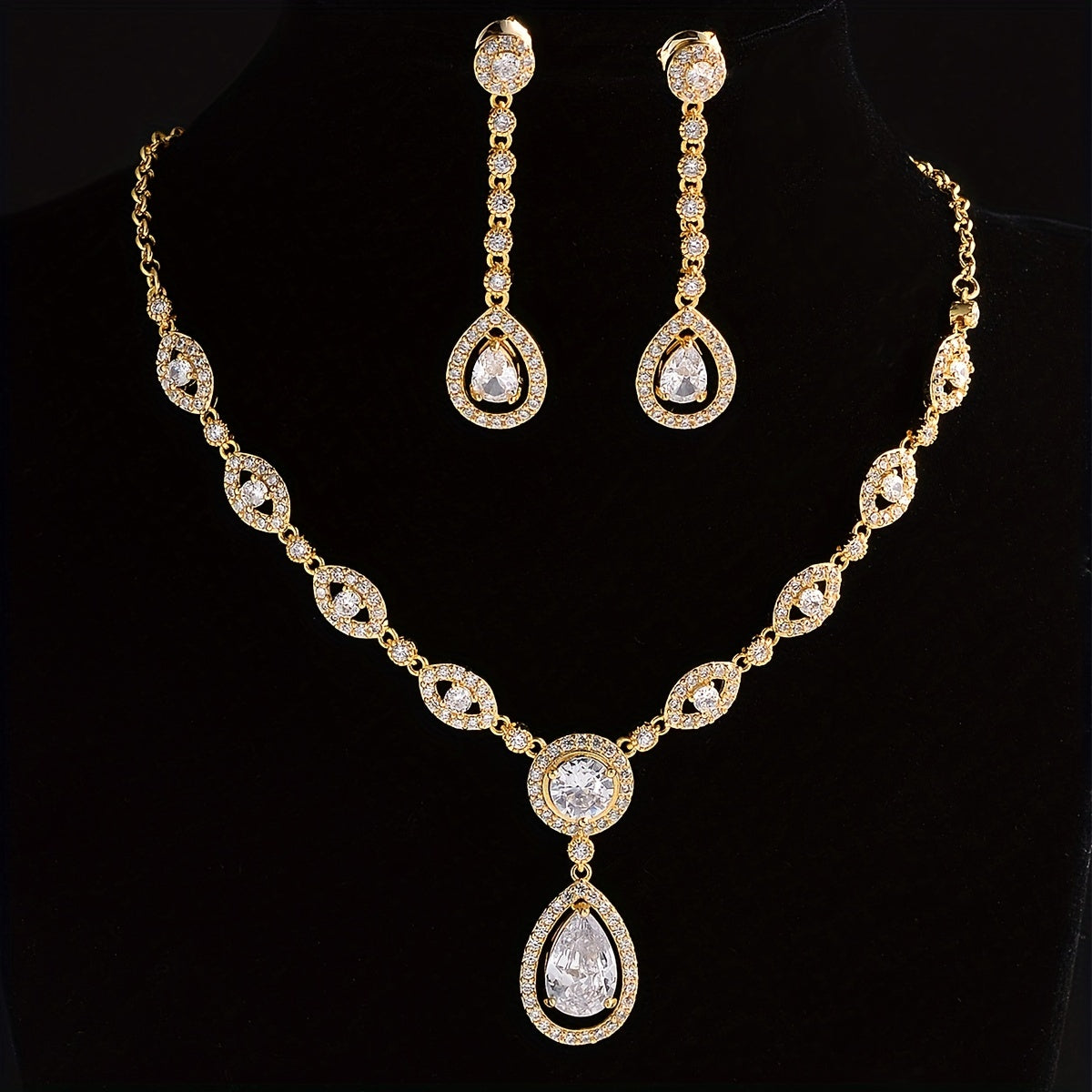 Elegant Water Drop Zircon Jewelry Set - 18K Gold Plated Earrings and Necklace for Women and Girls