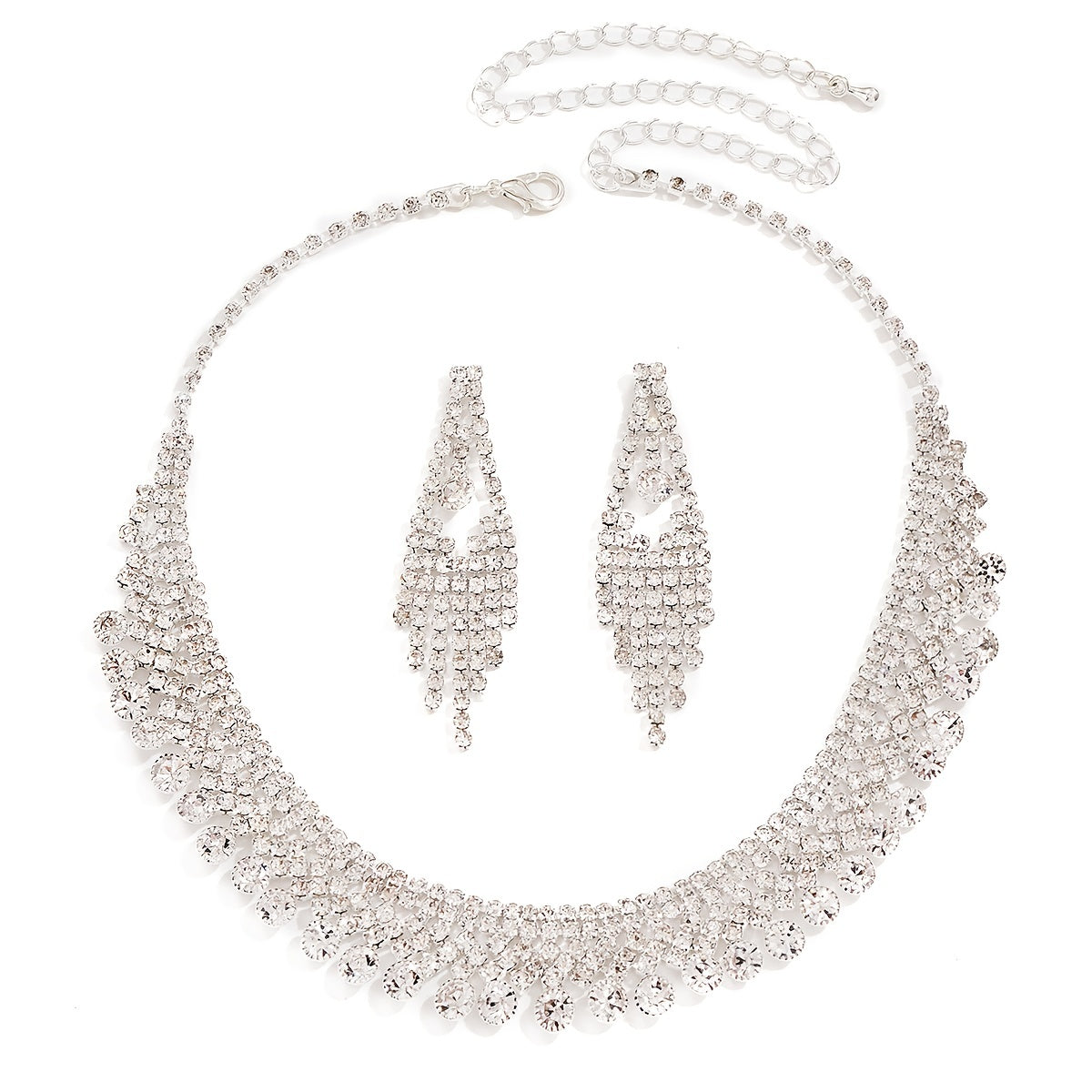 2pcs/set Elegant Crystal Stone Tassel Jewelry Set - Silver Plated Earrings and Necklace