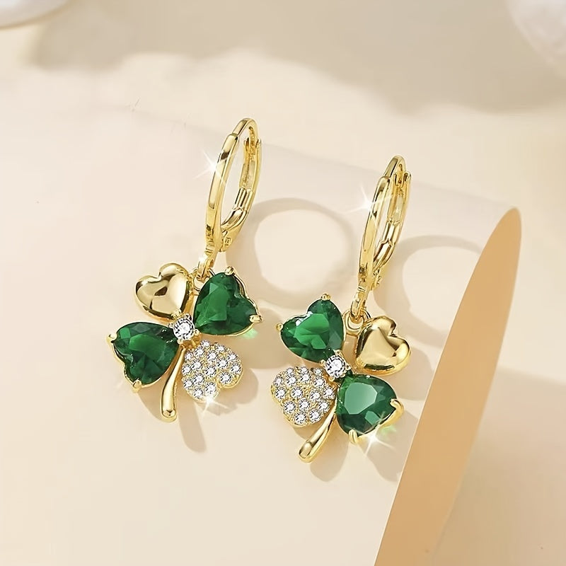 St Patrick's Day Green Gems Four Leaf Clover Drop Earrings 18K Gold Plated Good Luck Ornament For Women