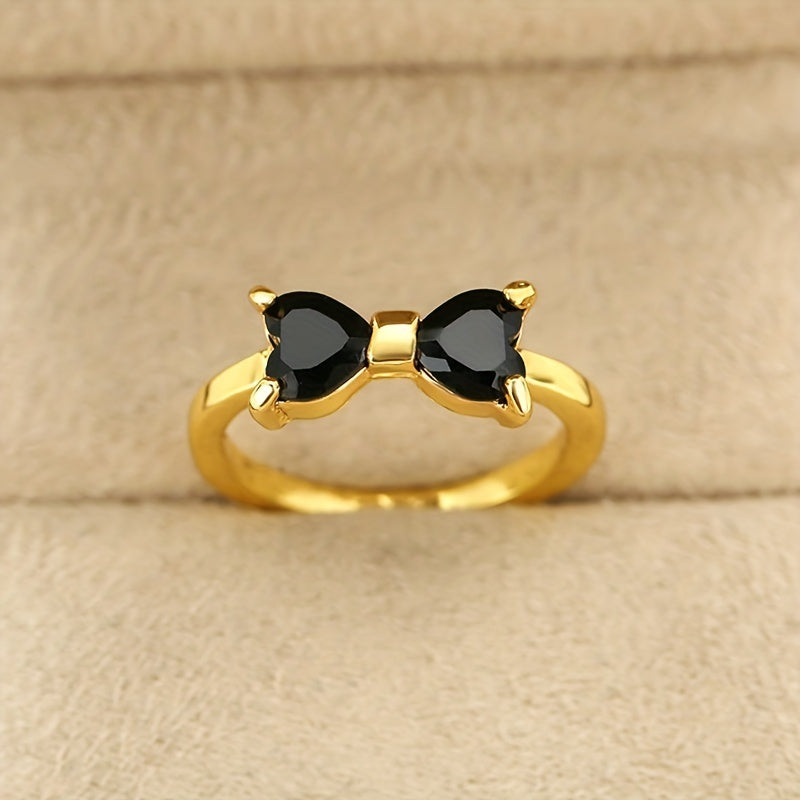 Elegant Ring 14k Gold Plated Inlaid Black Zircon Trendy Bow Knot Shape Cute Decor For Girls Sweet Birthday / Holliday Gift For Her