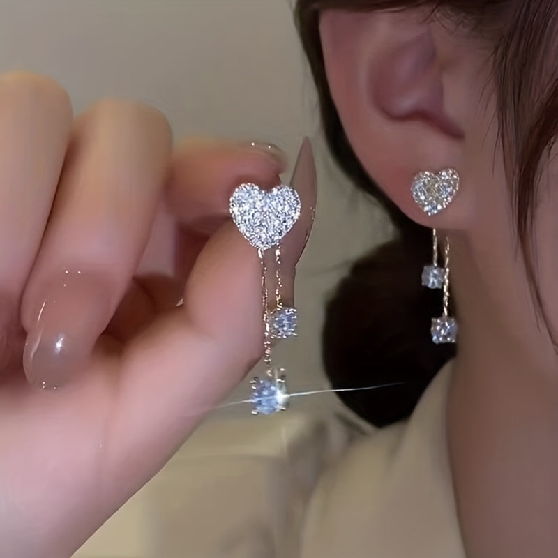 Unleash Your Personality with our Asymmetric Full Zircon Heart Shaped Tassel Earrings for Women and Girls