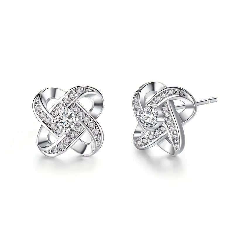 Hollow Silvery Stud Earrings With Purple Shiny Zircon Decor Retro Bohemian Style Zinc Alloy Silver Plated Jewelry Daily Casual