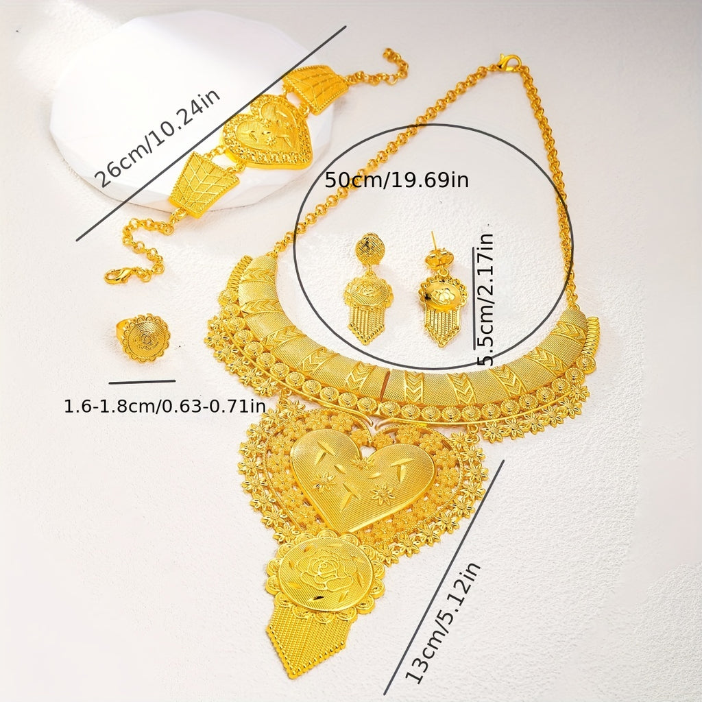5pcs Earrings Necklace Bracelet Plus Ring Luxury Jewelry Set 18k Gold Plated Exaggerated Heart And Flower Design Stunning Party Accessories