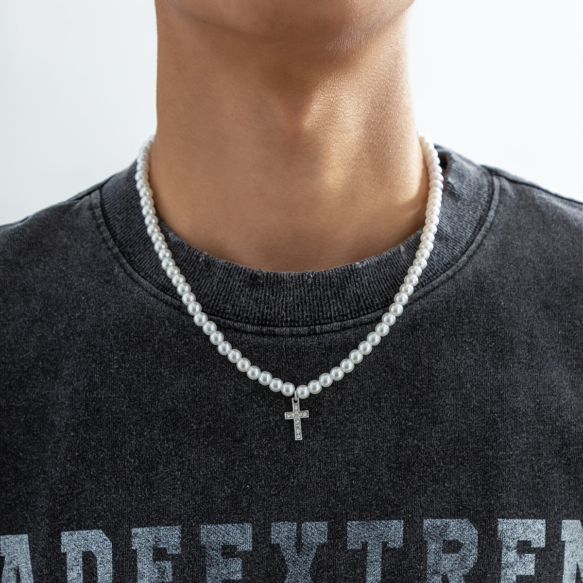 Add a touch of elegance to your outfit with our Men's Artificial Diamond Cross Pendant Pearl Necklace