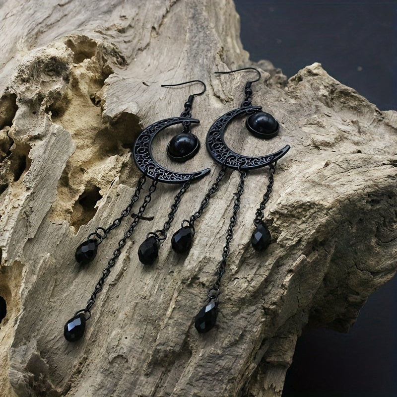 Halloween Ear Jewelry Carved Golden Moon Chain Tassel Design Dangle Earrings Goth Style Female Gift