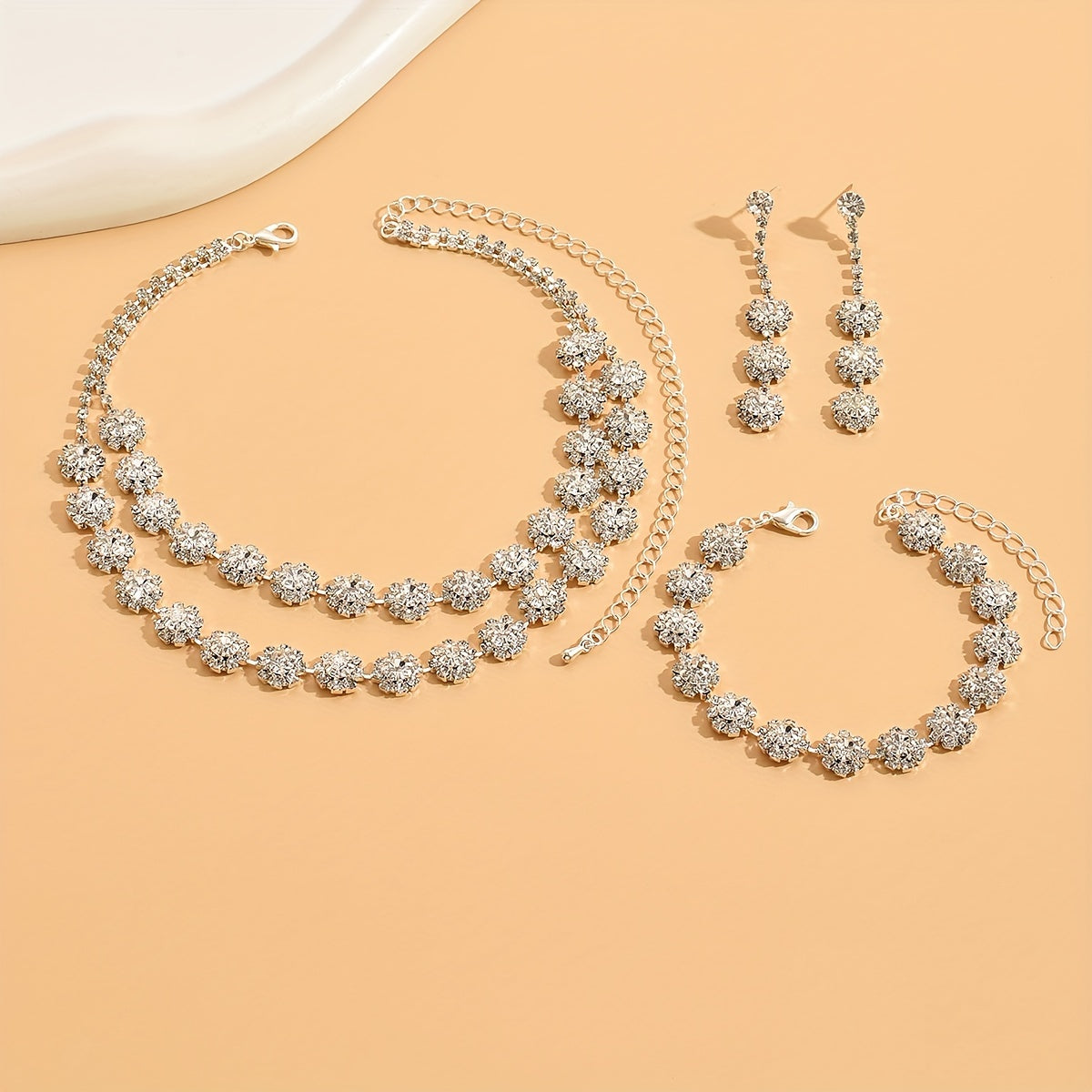 2 Pcs / 3 Pcs Jewelry Set Flower Shape Synthetic Gems Two Layers Choker Necklace & Dangle Earrings / Chain Bracelet For Women & Girls Photo Props