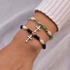 2pcs Cross Alloy Pendant Contrast Color Beaded Bracelet For Women