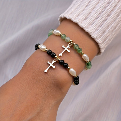 2pcs Cross Alloy Pendant Contrast Color Beaded Bracelet For Women