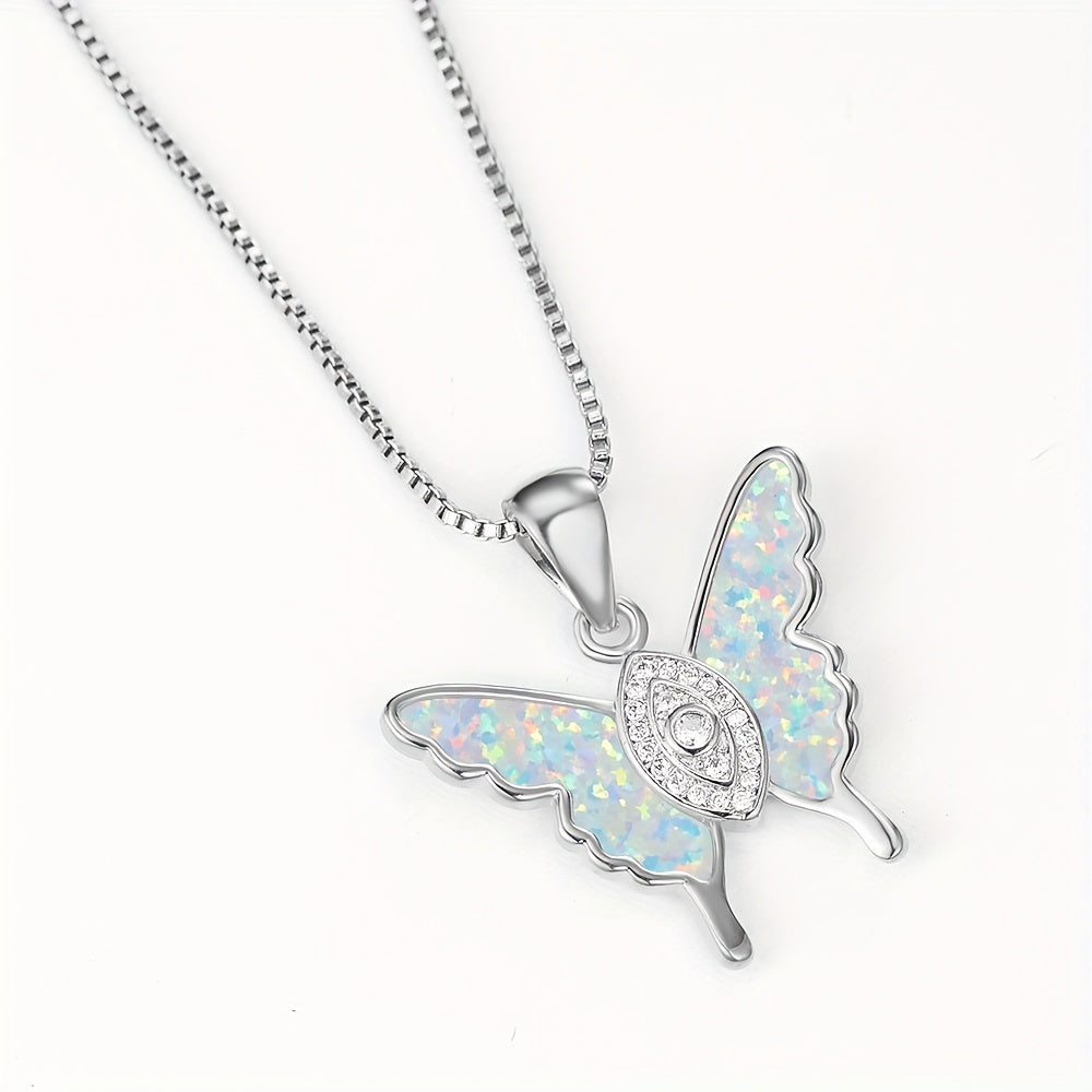 Opal Butterfly With Eye Shape Pendant Necklace, 18K Gold Plated Animal Design Neck Jewelry Accessories For Girls Gift
