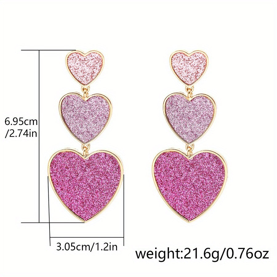 3 Heart Design Hot Pink Dangle Earrings Retro Elegant Style Alloy Jewelry Creative Gift For Lovers