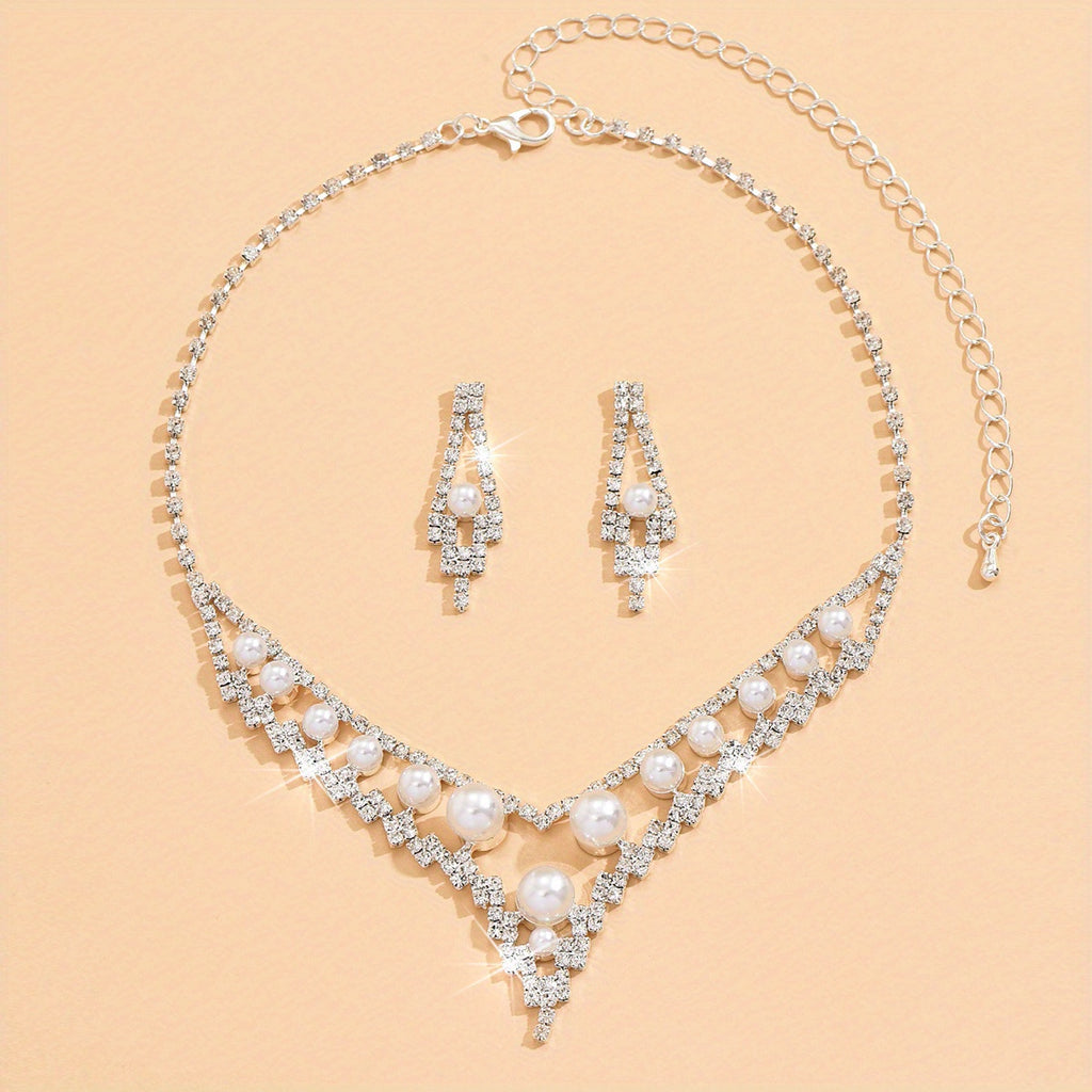 3pcs Earrings Plus Necklace Elegant Jewelry Set Silver Plated Inlaid Rhinestone Dainty Engagement Wedding Jewelry Evening Party Decor