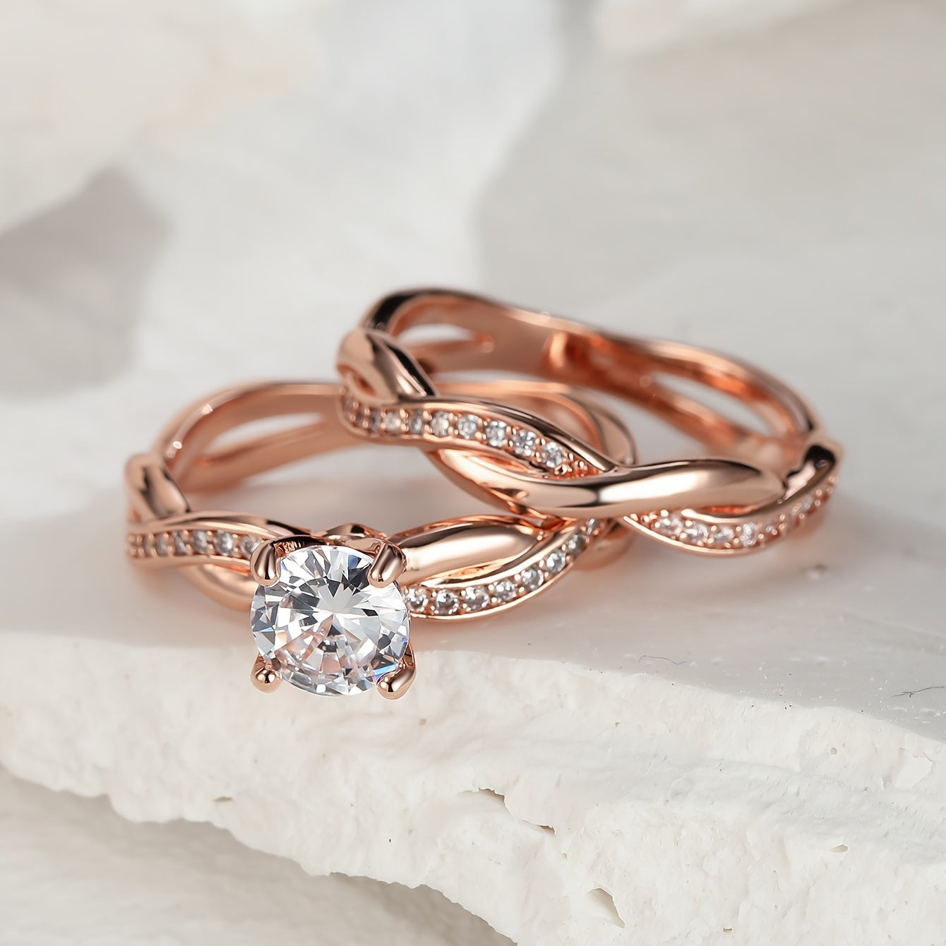 Beautiful 18K Gold Plated Twist Design Zircon Ring Set - Perfect Gift for Women & Girls!