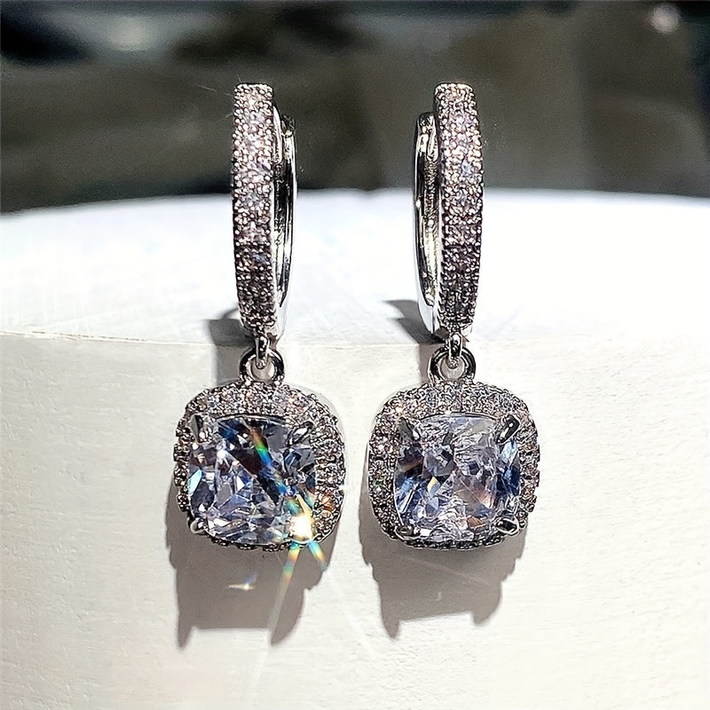 Elegant 4-Claw Zircon Dangle Earrings for Women - Copper Silver Plated, Perfect Gift Idea