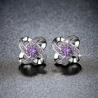 Hollow Silvery Stud Earrings With Purple Shiny Zircon Decor Retro Bohemian Style Zinc Alloy Silver Plated Jewelry Daily Casual