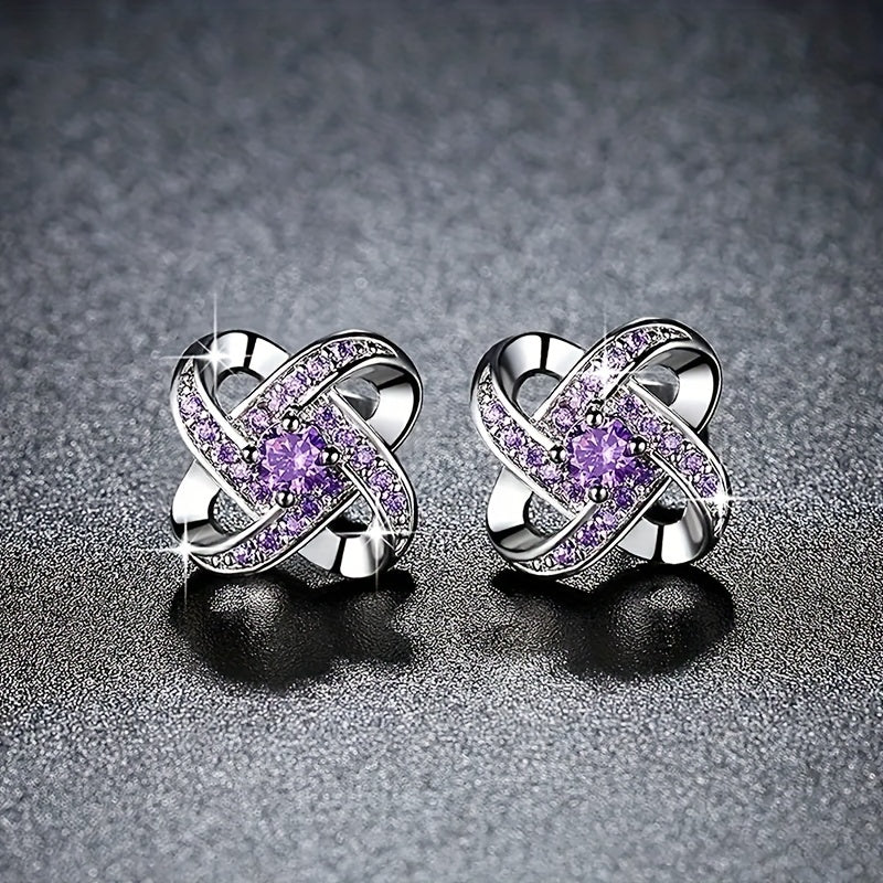 Hollow Silvery Stud Earrings With Purple Shiny Zircon Decor Retro Bohemian Style Zinc Alloy Silver Plated Jewelry Daily Casual
