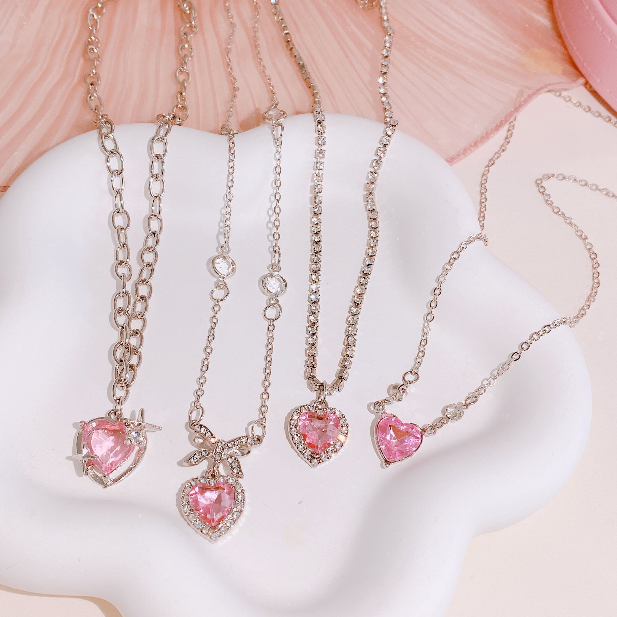 Y2K Style Pink Love Heart Zircon Necklace Punk Design Ear Decoration For Women Girls