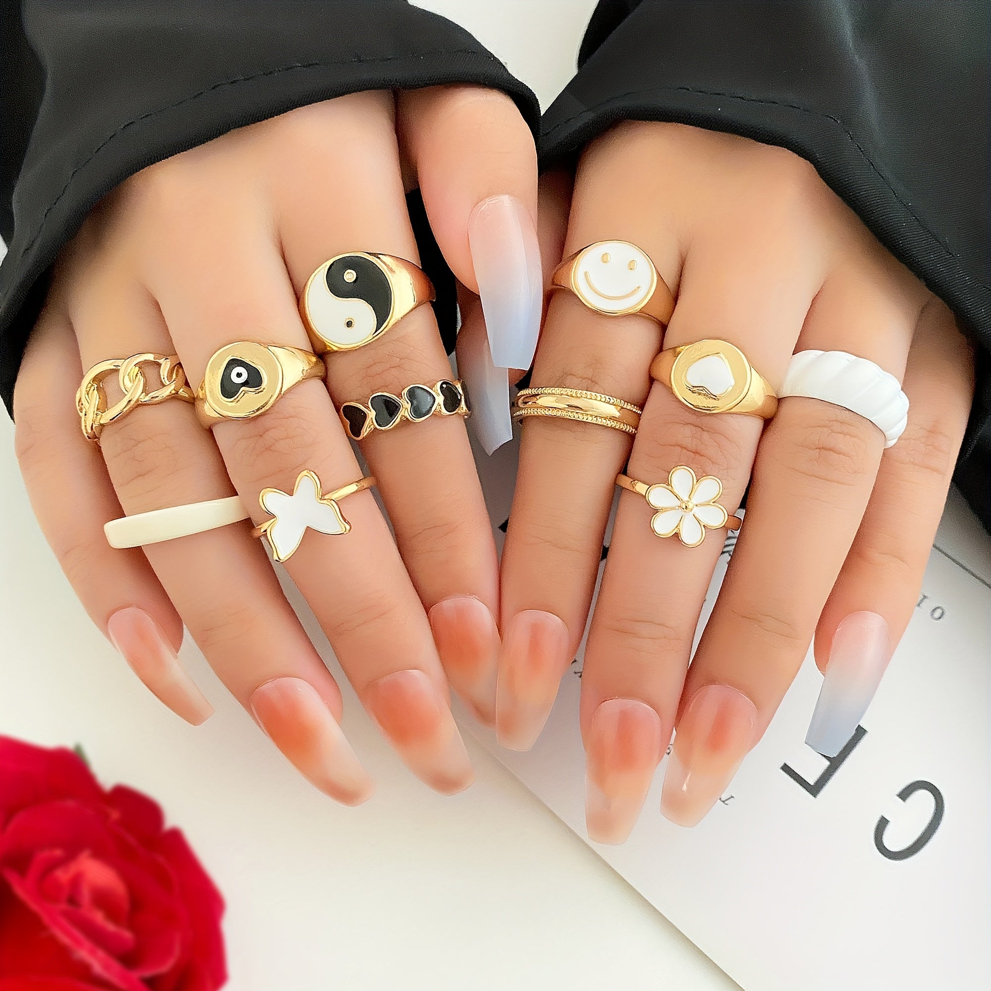 Y2k Style Stacking Rings Trendy Butterfly Flower Chain Patterns Mix And Match For Daily Outfits Party Accessories Weart Them And Be Your Own Star