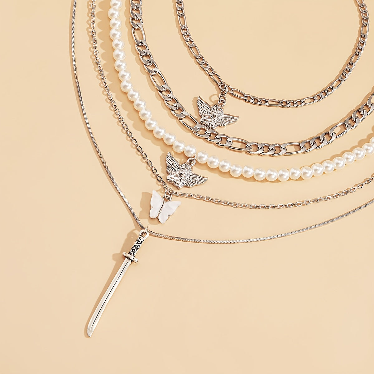 Gorgeous Pearl Angel Sword Charm Chain Necklace Set - Perfect Gift for Women on Birthdays & Special Occasions!