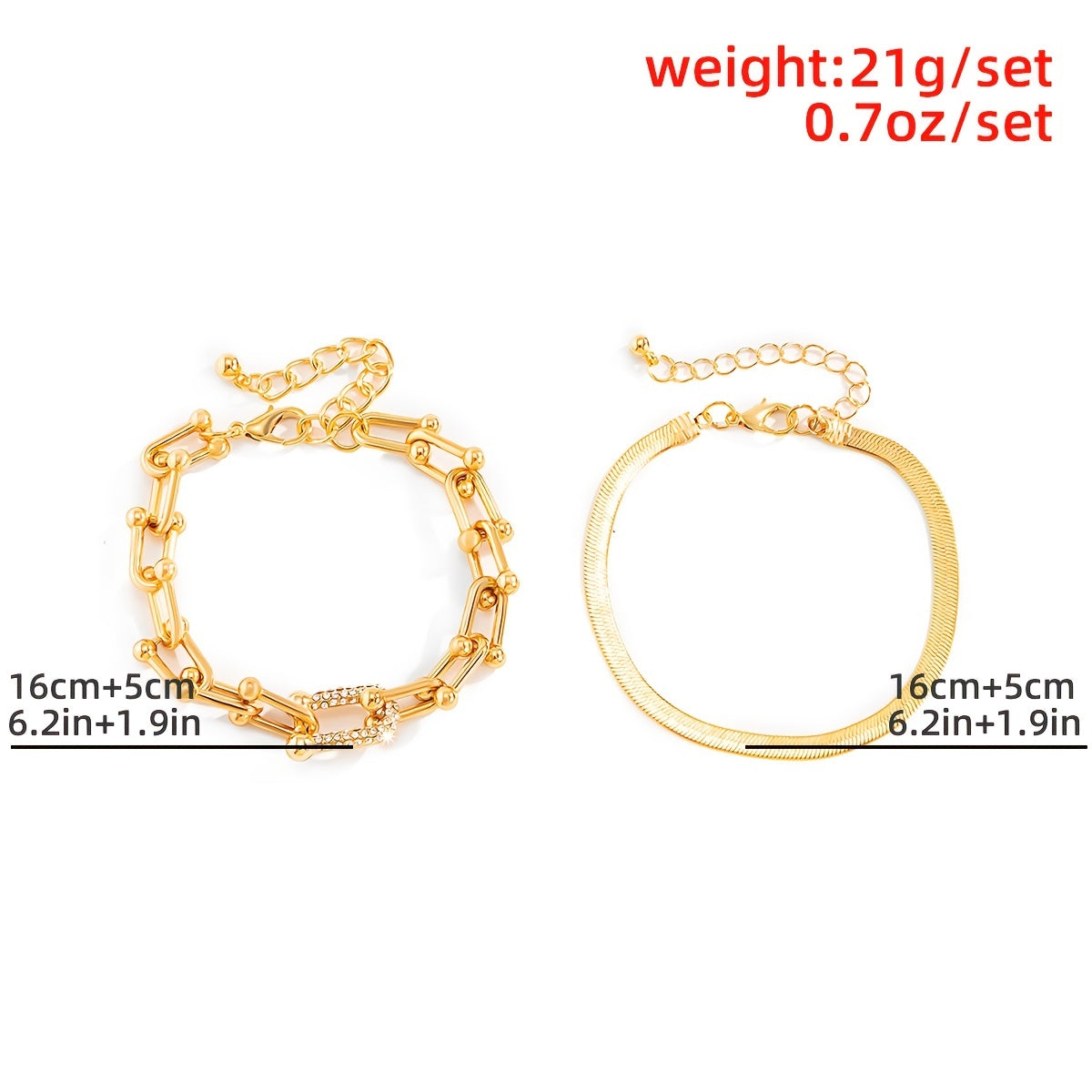 2-Piece Flat Snake Chain Diamond Bracelet Set Featuring U-shaped Buckle