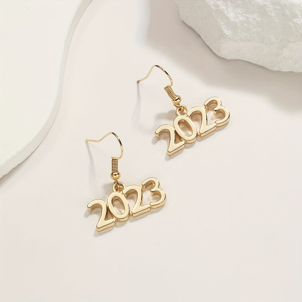Golden / Silvery Number 2023 Design Hook Dangle Earrings Elegant Punk Style Alloy Jewelry Delicate Female Gift