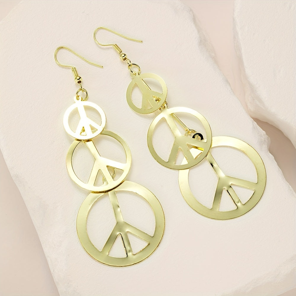 Golden / Silvery Peace Symbol Long Dangle Earrings Hip Hop Style Alloy Jewelry Delicate Female Gift