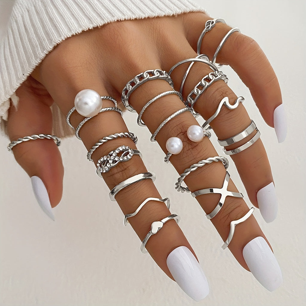 19pcs Y2k Ring Set Trendy Bow Knot V Shape Chain Patterns Inlaid Rhinestone Mix And Match For Daily Outfits Party Accessories Stackable Jewelry