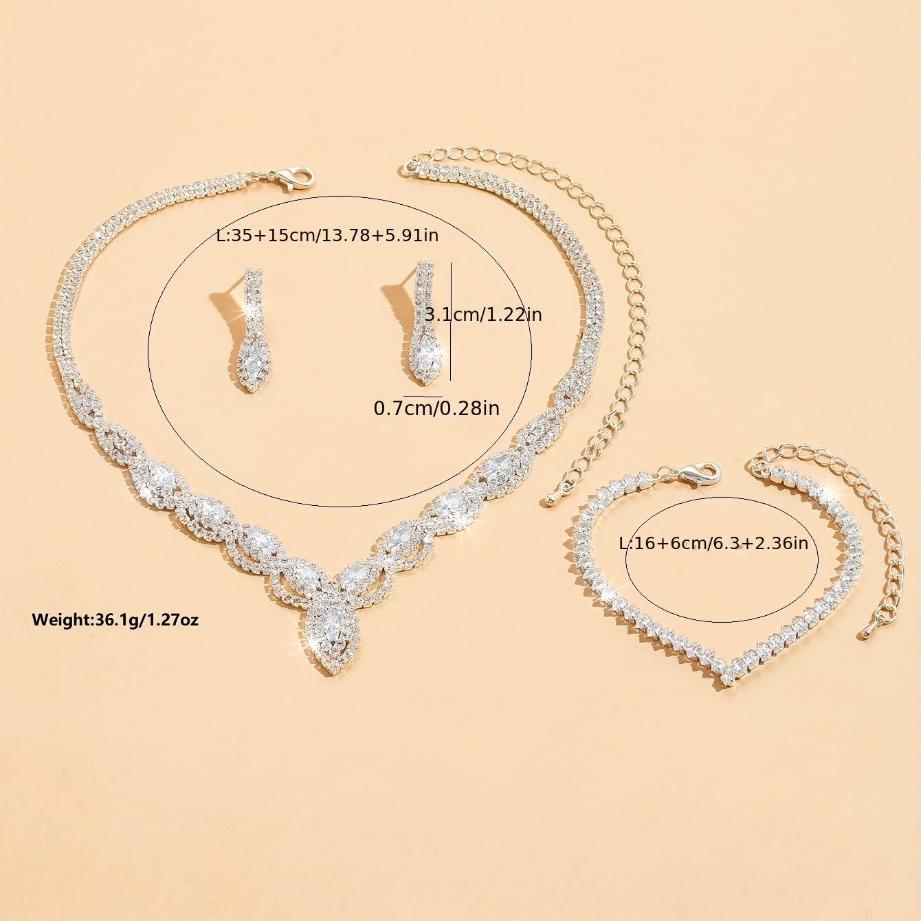 4pcs Earrings Necklace Plus Bracelet Elegant Jewelry Set Silver Plated Inlaid Rhinestone Engagement Wedding Jewelry For Female Dainty Birthday Gift For Your Girl