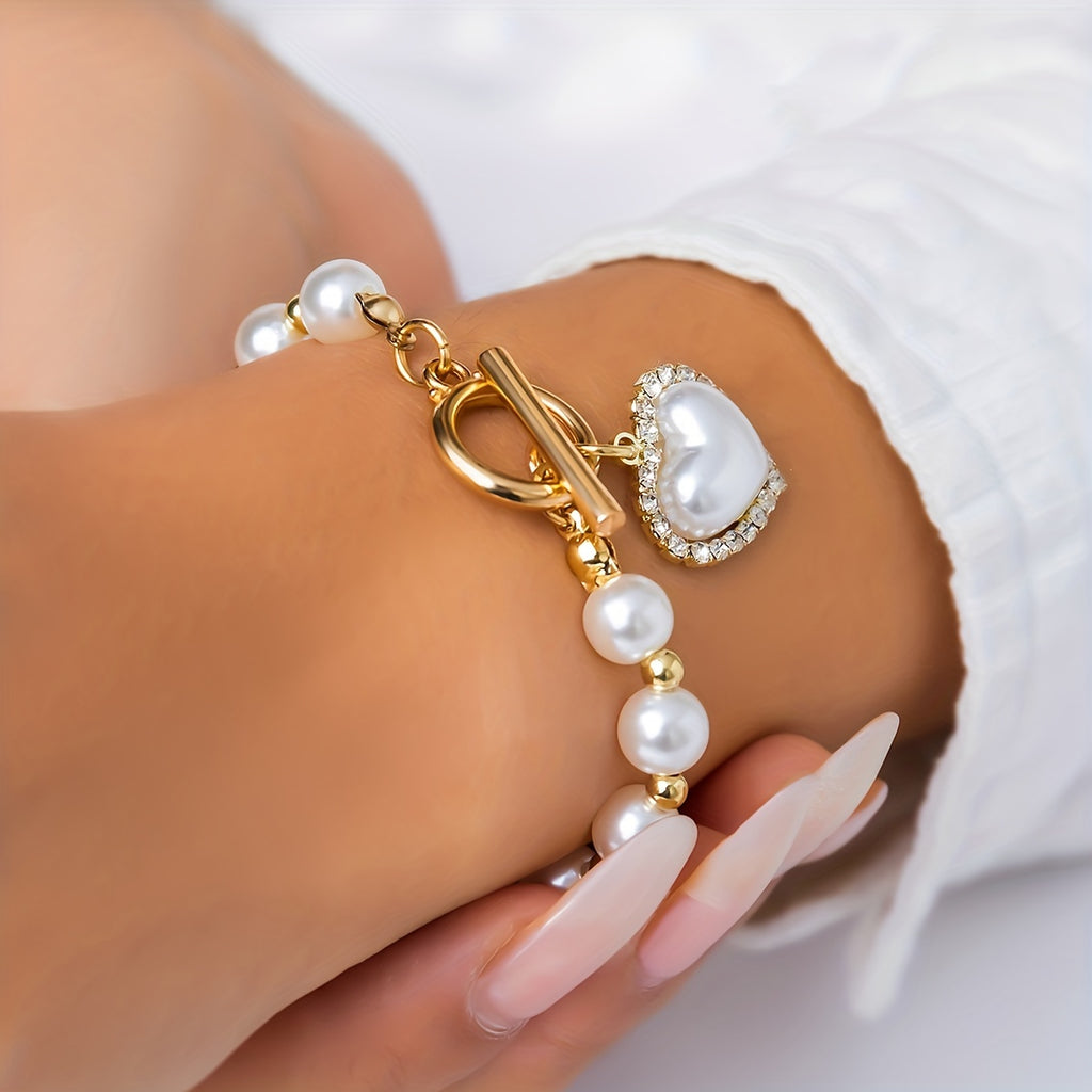 Elegant Heart-Shaped Beaded Bracelet with Faux Pearls and OT Buckle - Perfect Hand Jewelry Decor