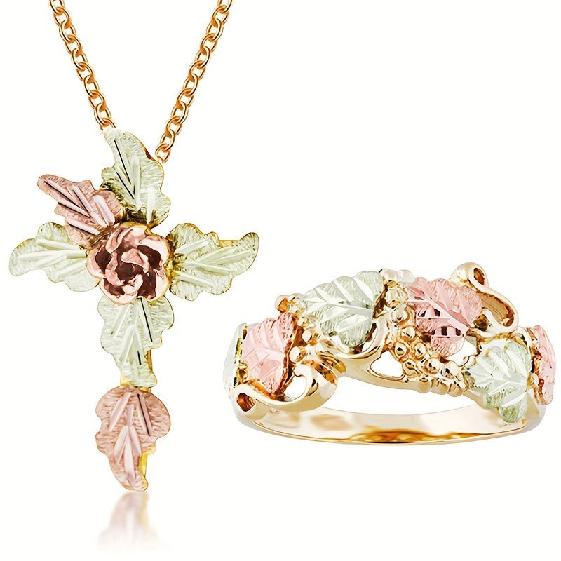 Elegant Leaf Design Necklace & Finger Ring Jewelry Set Female Holiday Daily Party Decor Ornament